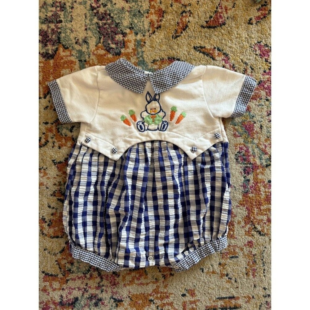 Vintage Bunny Easter Outfit. 6-9 Months Blue Plaid